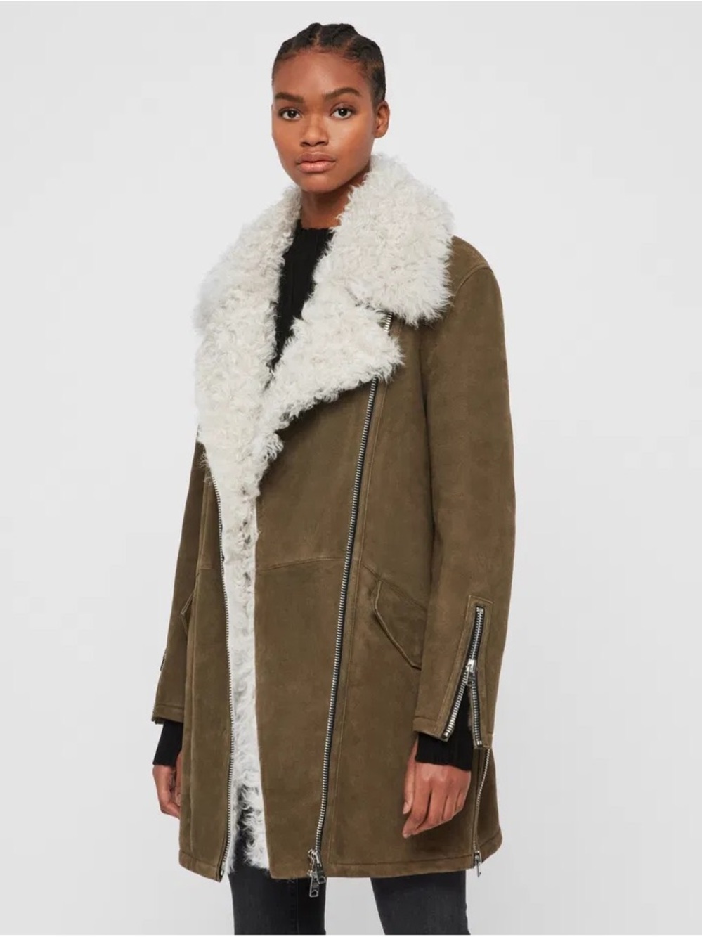 EUC All Saints Shearling Coat with Cream Collar - Olive - Size Small